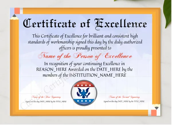 Printable Elegant Certificate Of Excellence presented in a sleek wooden frame, elegantly arranged on a stylish table.