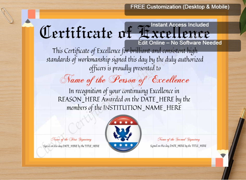 Zoomed preview with Free Editor badge stack for Printable Elegant Certificate Of Excellence