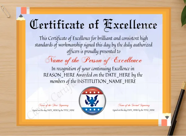 Professional preview of Printable Elegant Certificate Of Excellence certificate on high-quality stationery paper, ideal for showcasing the final look.