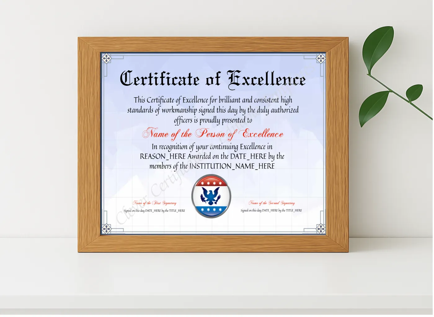 Realistic mockup featuring Customizable Elegant Certificate Of Excellence displayed within a modern frame, set against a minimalistic background.