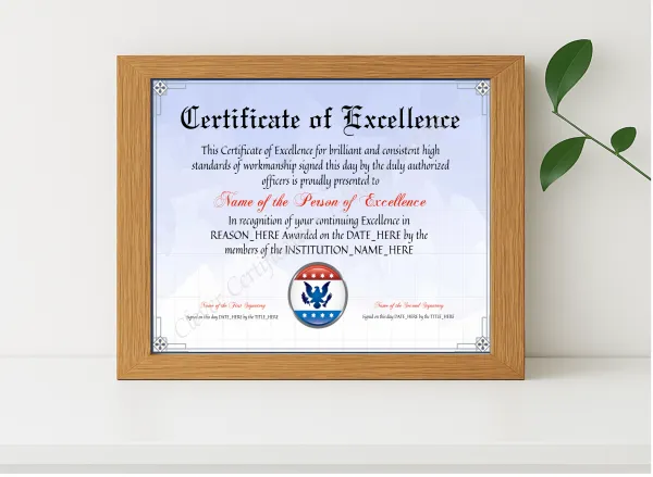Realistic mockup featuring Customizable Elegant Certificate Of Excellence displayed within a modern frame, set against a minimalistic background.