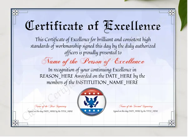Customizable Elegant Certificate Of Excellence presented in a sleek wooden frame, elegantly arranged on a stylish table.