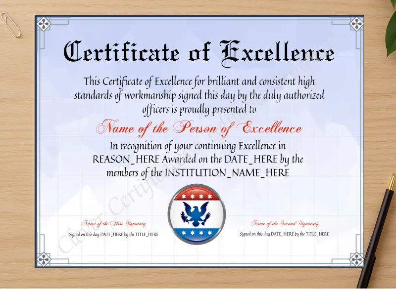 Professional preview of Customizable Elegant Certificate Of Excellence certificate on high-quality stationery paper, ideal for showcasing the final look.