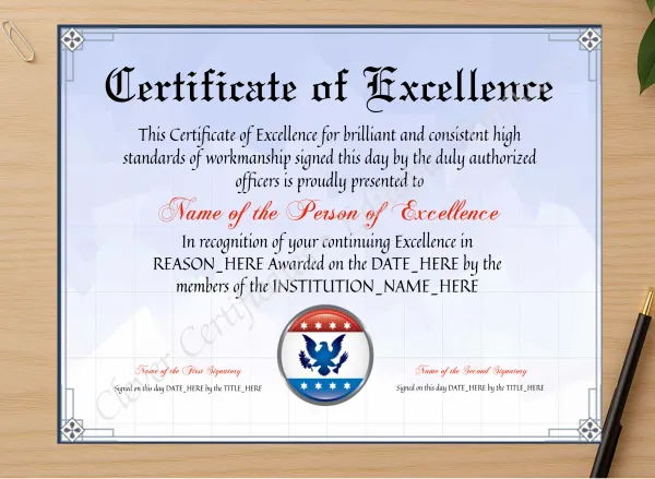 Professional preview of Customizable Elegant Certificate Of Excellence certificate on high-quality stationery paper, ideal for showcasing the final look.