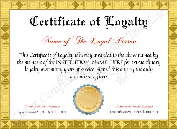 Customizable Certificate Of Loyalty
