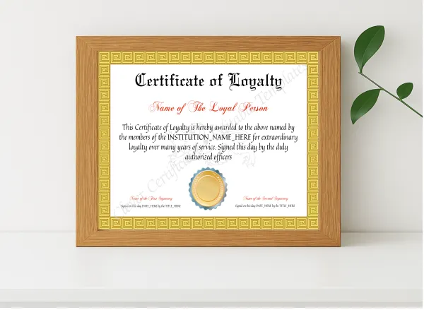 Realistic mockup featuring Customizable Certificate Of Loyalty displayed within a modern frame, set against a minimalistic background.