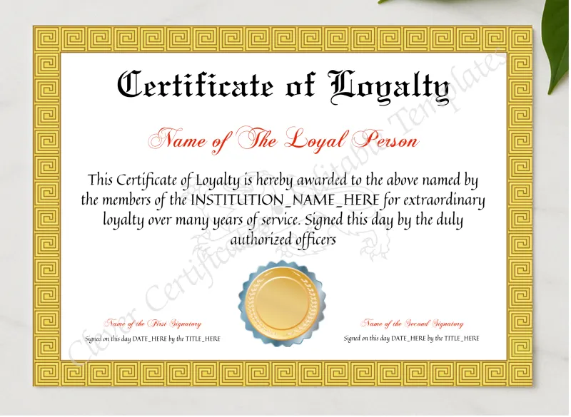 Customizable Certificate Of Loyalty presented in a sleek wooden frame, elegantly arranged on a stylish table.