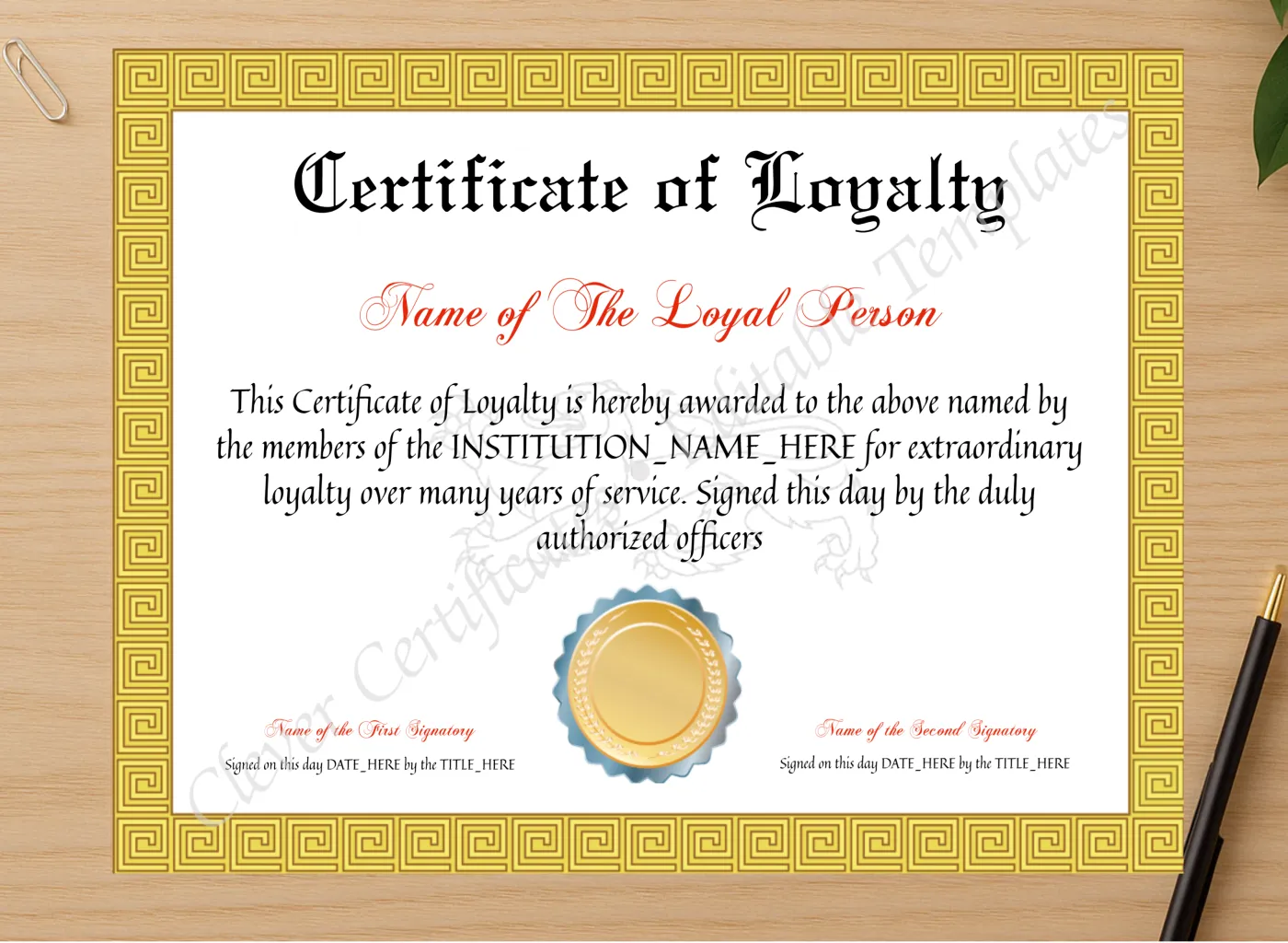 Professional preview of Customizable Certificate Of Loyalty certificate on high-quality stationery paper, ideal for showcasing the final look.