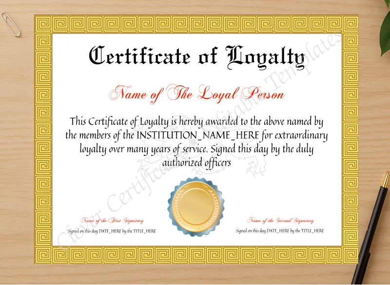Professional preview of Customizable Certificate Of Loyalty certificate on high-quality stationery paper, ideal for showcasing the final look.