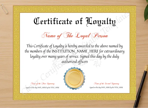 Professional preview of Customizable Certificate Of Loyalty certificate on high-quality stationery paper, ideal for showcasing the final look.