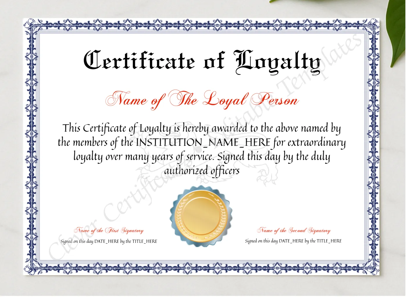 Editable Elegant Certificate Of Loyalty presented in a sleek wooden frame, elegantly arranged on a stylish table.