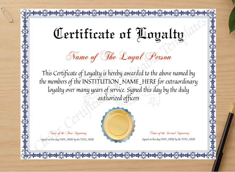 Professional preview of Editable Elegant Certificate Of Loyalty certificate on high-quality stationery paper, ideal for showcasing the final look.
