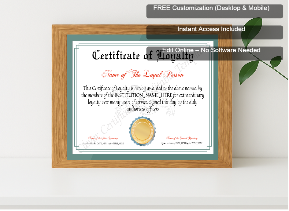 Premium mockup with Free Editor badge stack for Printable Elegant Certificate Of Loyalty