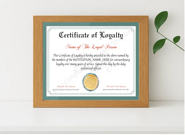 Realistic mockup featuring Printable Elegant Certificate Of Loyalty displayed within a modern frame, set against a minimalistic background.
