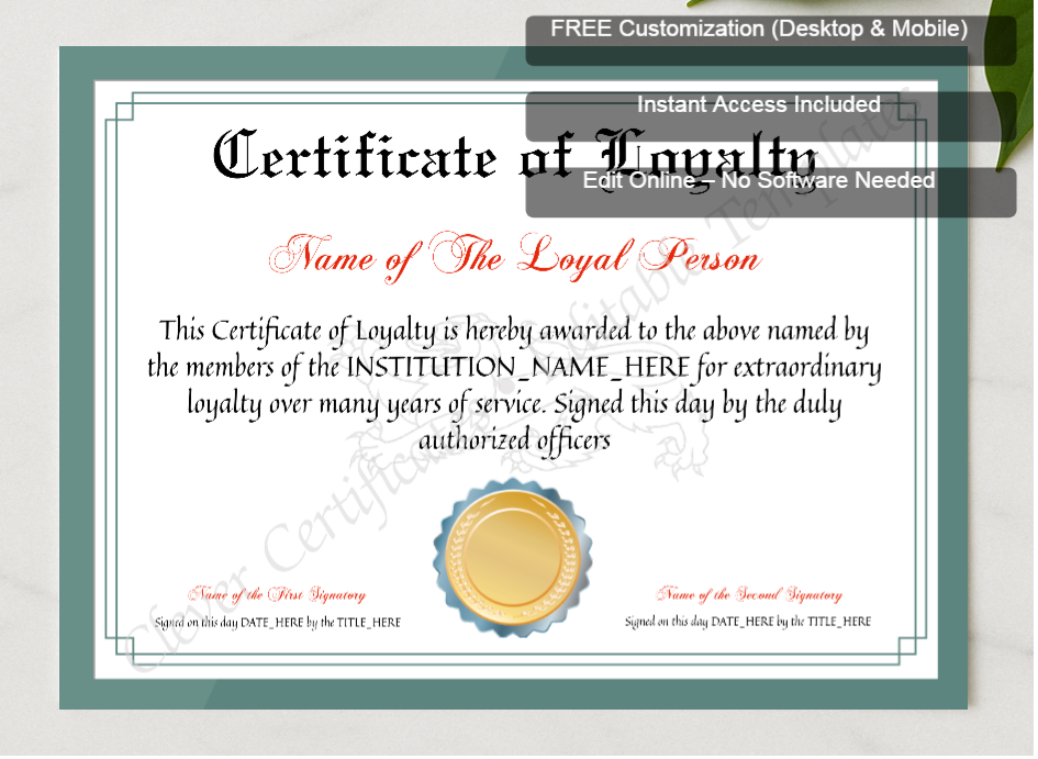 Framed preview featuring Free Editor badge stack for Printable Elegant Certificate Of Loyalty