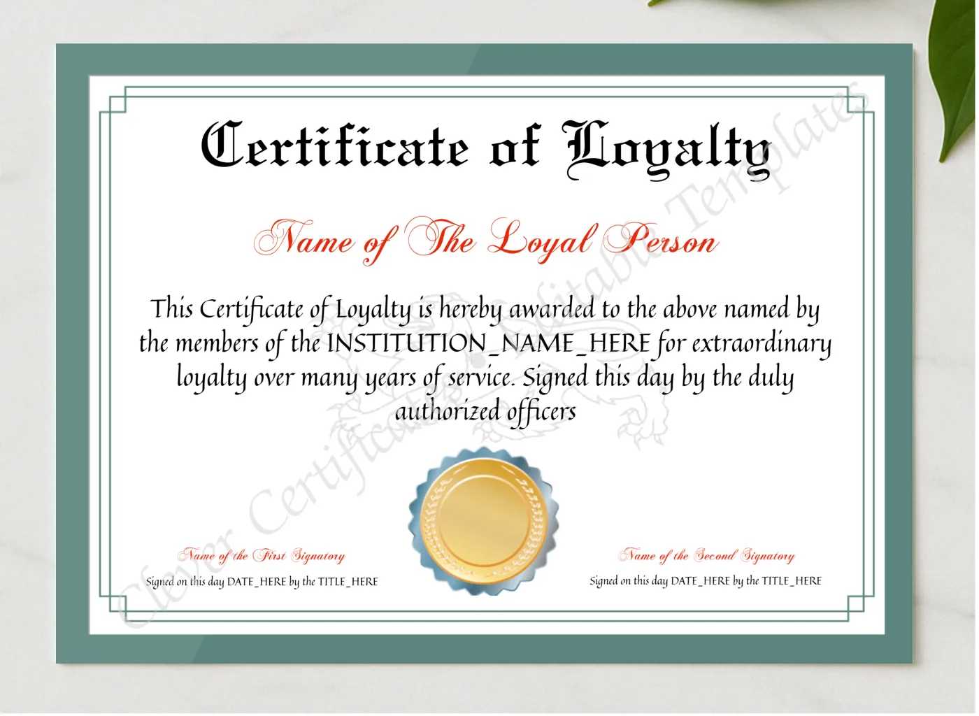Printable Elegant Certificate Of Loyalty presented in a sleek wooden frame, elegantly arranged on a stylish table.