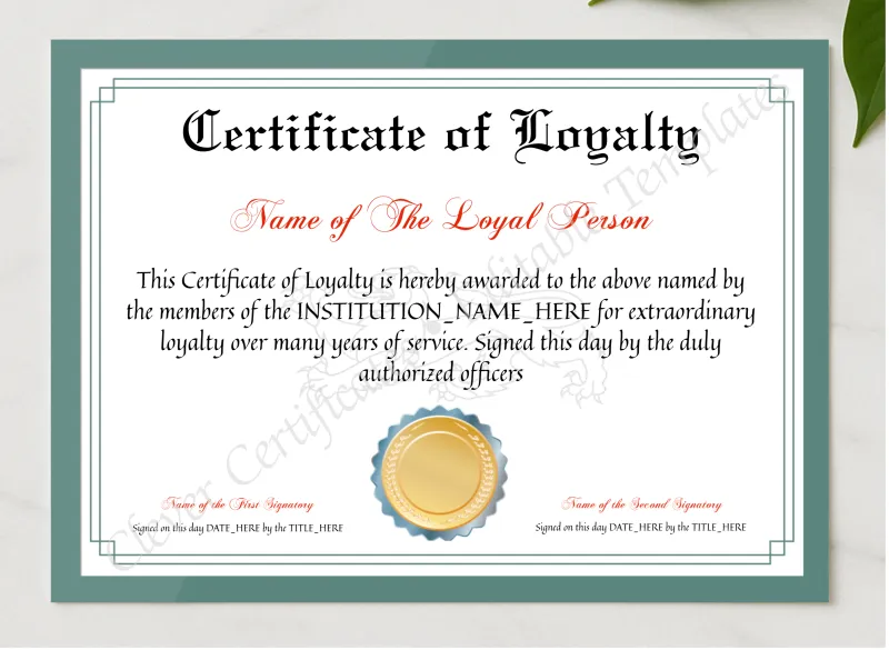 Printable Elegant Certificate Of Loyalty presented in a sleek wooden frame, elegantly arranged on a stylish table.