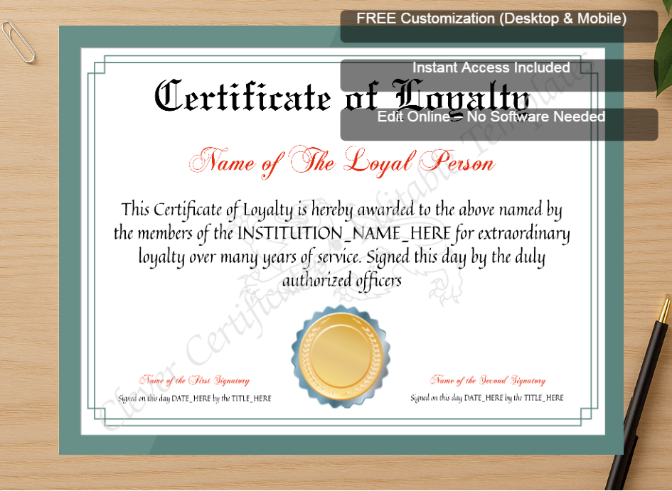 Zoomed preview with Free Editor badge stack for Printable Elegant Certificate Of Loyalty