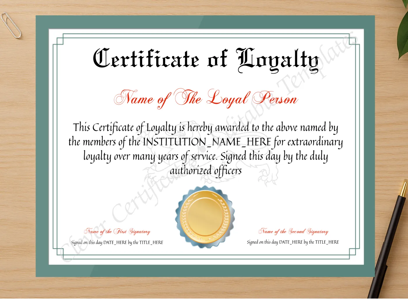 Professional preview of Printable Elegant Certificate Of Loyalty certificate on high-quality stationery paper, ideal for showcasing the final look.