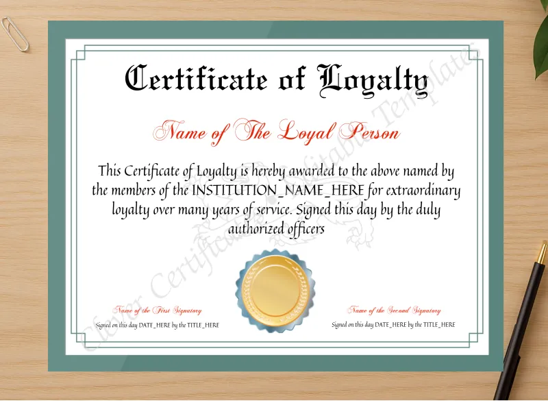 Professional preview of Printable Elegant Certificate Of Loyalty certificate on high-quality stationery paper, ideal for showcasing the final look.