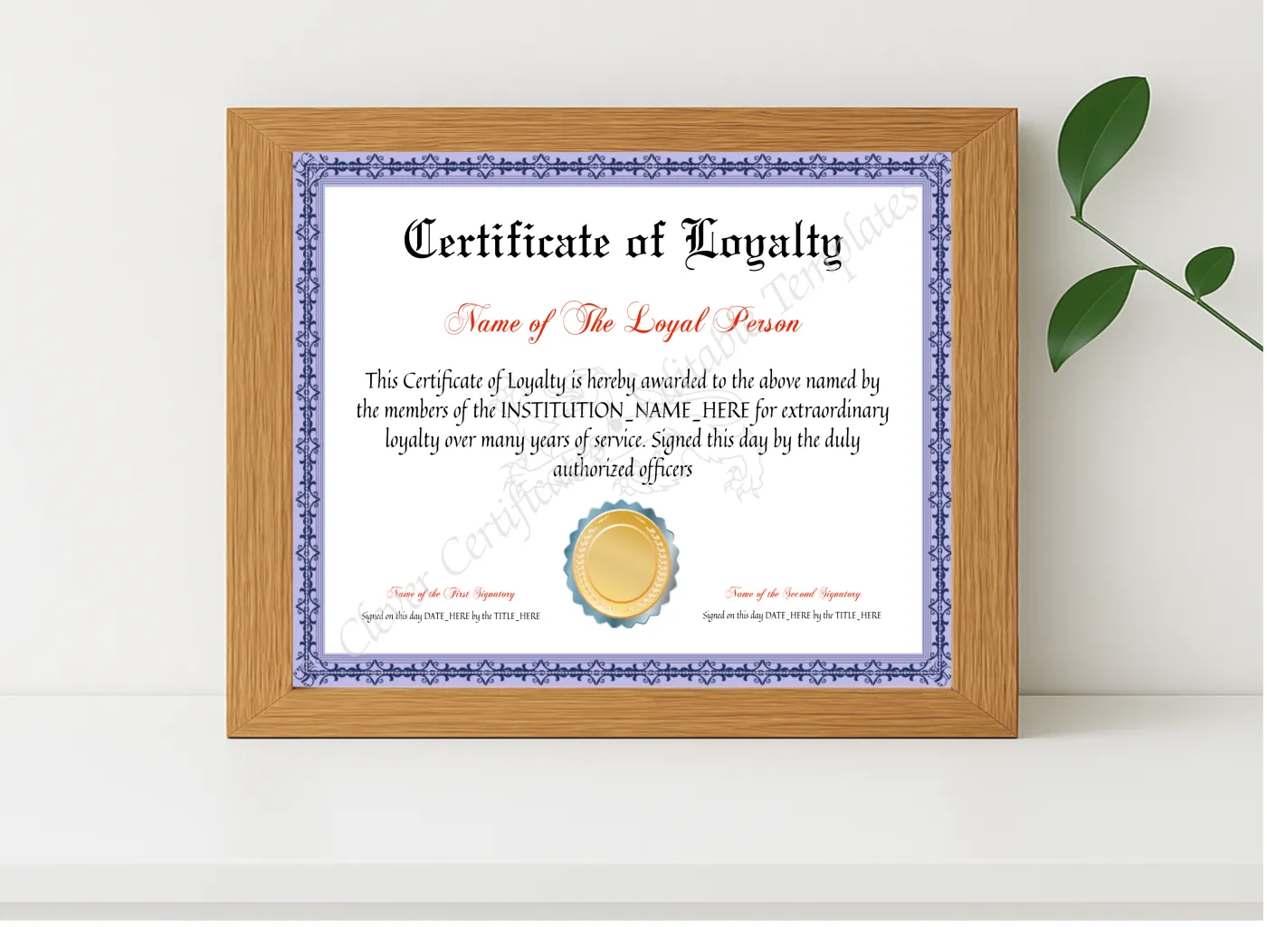 Realistic mockup featuring Customizable Elegant Certificate Of Loyalty displayed within a modern frame, set against a minimalistic background.