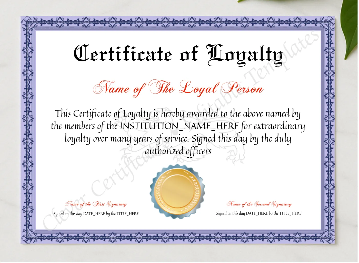 Customizable Elegant Certificate Of Loyalty presented in a sleek wooden frame, elegantly arranged on a stylish table.