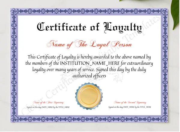 Customizable Elegant Certificate Of Loyalty presented in a sleek wooden frame, elegantly arranged on a stylish table.