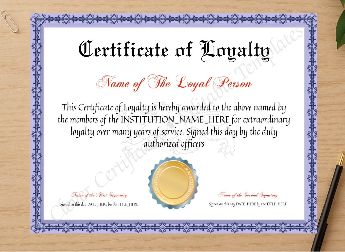 Professional preview of Customizable Elegant Certificate Of Loyalty certificate on high-quality stationery paper, ideal for showcasing the final look.
