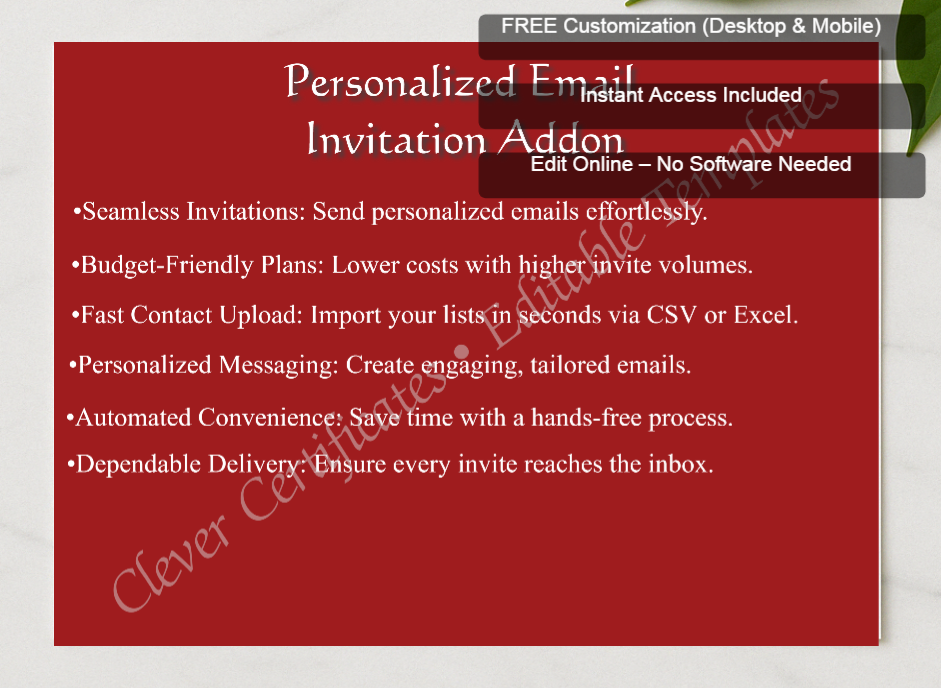 Framed preview featuring Free Editor badge stack for Personalized Email Invitation Addon