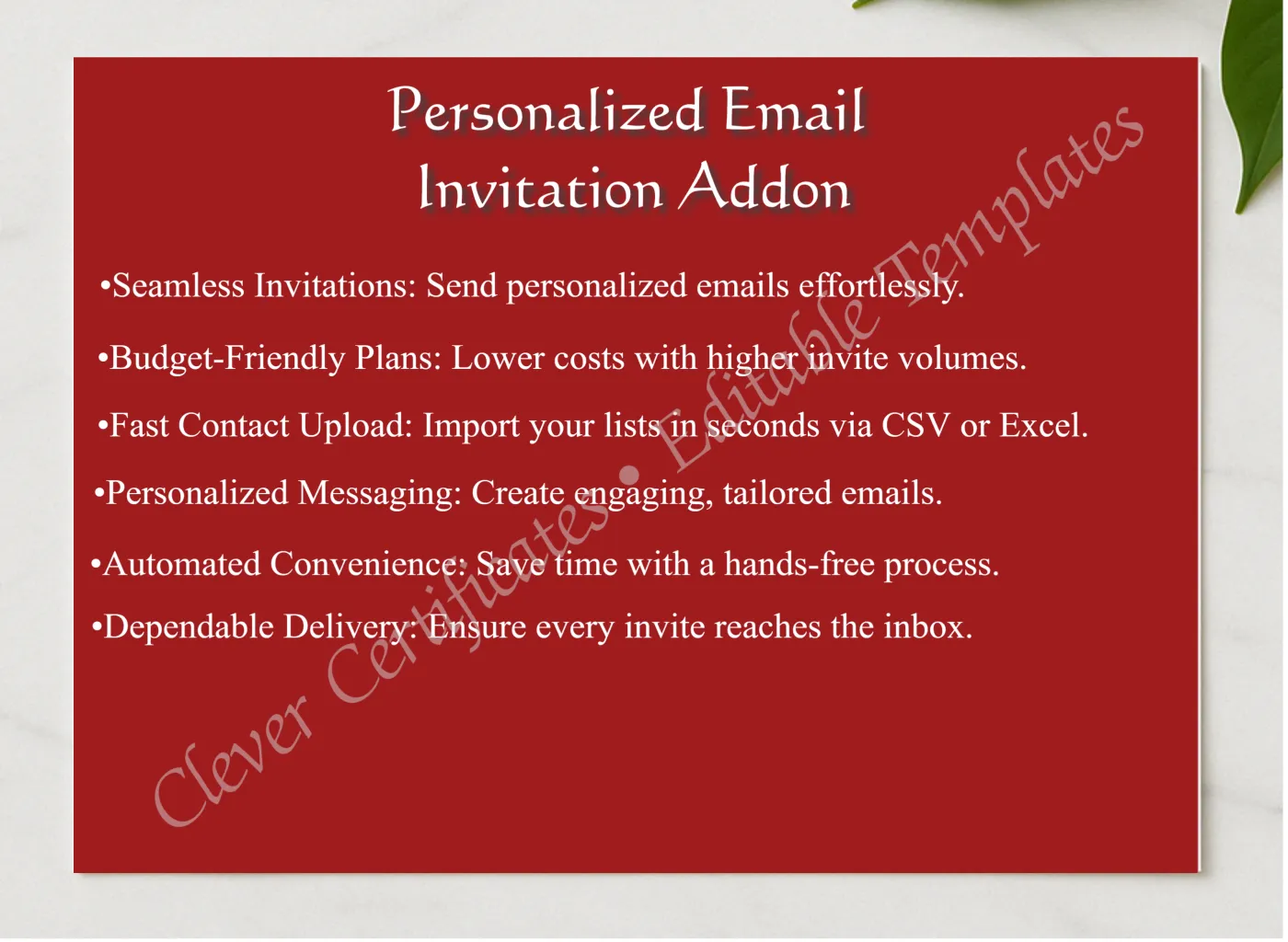 Personalized Email Invitation Addon presented in a sleek wooden frame, elegantly arranged on a stylish table.