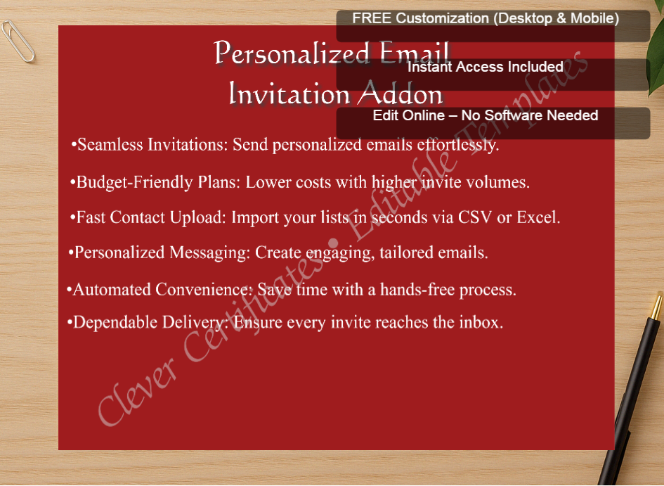 Zoomed preview with Free Editor badge stack for Personalized Email Invitation Addon
