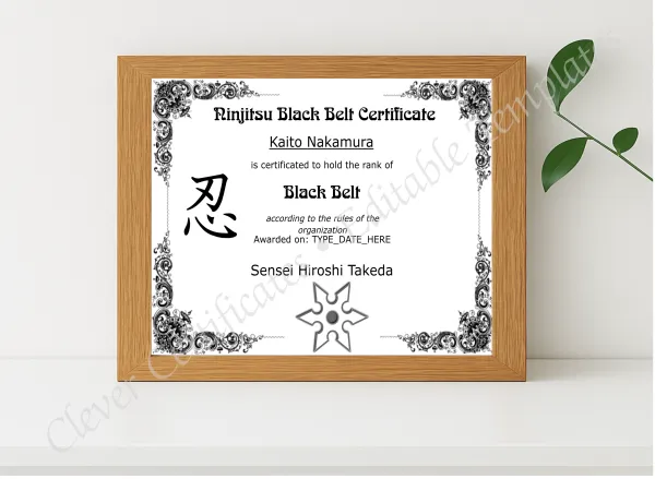 Realistic mockup featuring Ninjitsu Black Belt Certificate displayed within a modern frame, set against a minimalistic background.