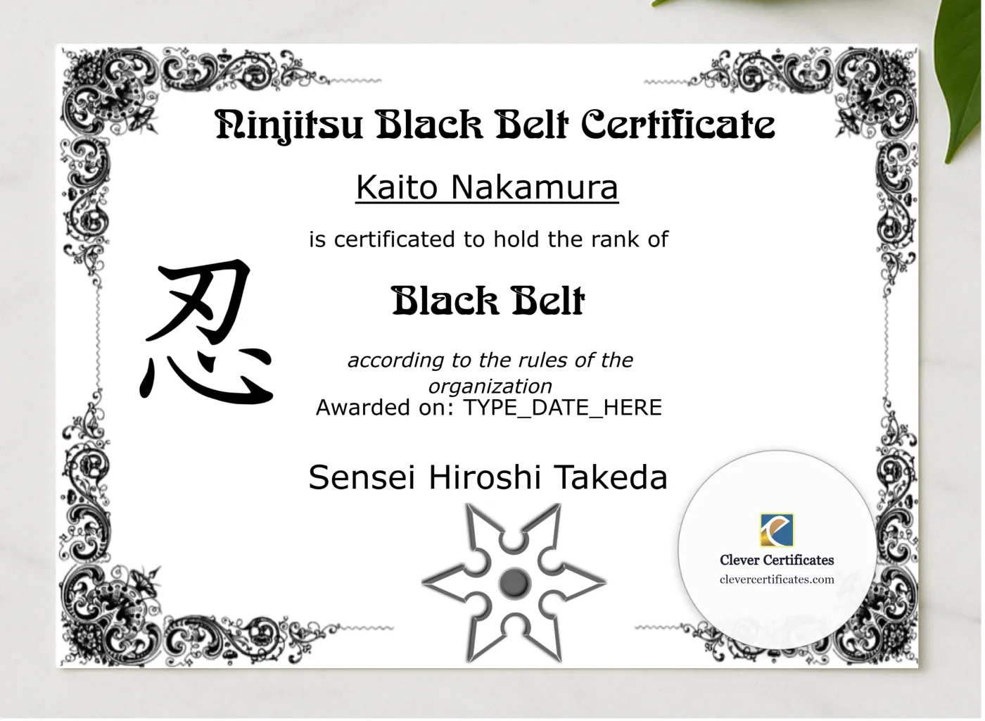 Ninjitsu Black Belt Certificate presented in a sleek wooden frame, elegantly arranged on a stylish table.
