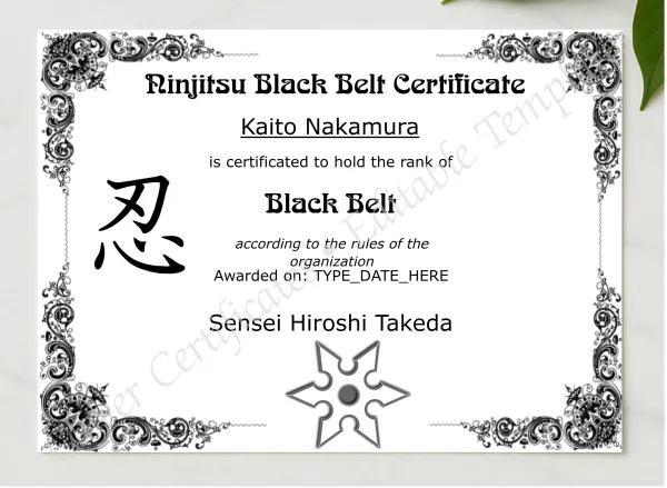 Ninjitsu Black Belt Certificate presented in a sleek wooden frame, elegantly arranged on a stylish table.