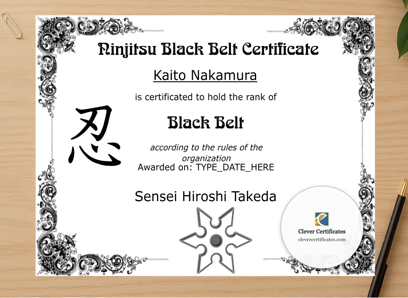 Professional preview of Ninjitsu Black Belt Certificate certificate on high-quality stationery paper, ideal for showcasing the final look.
