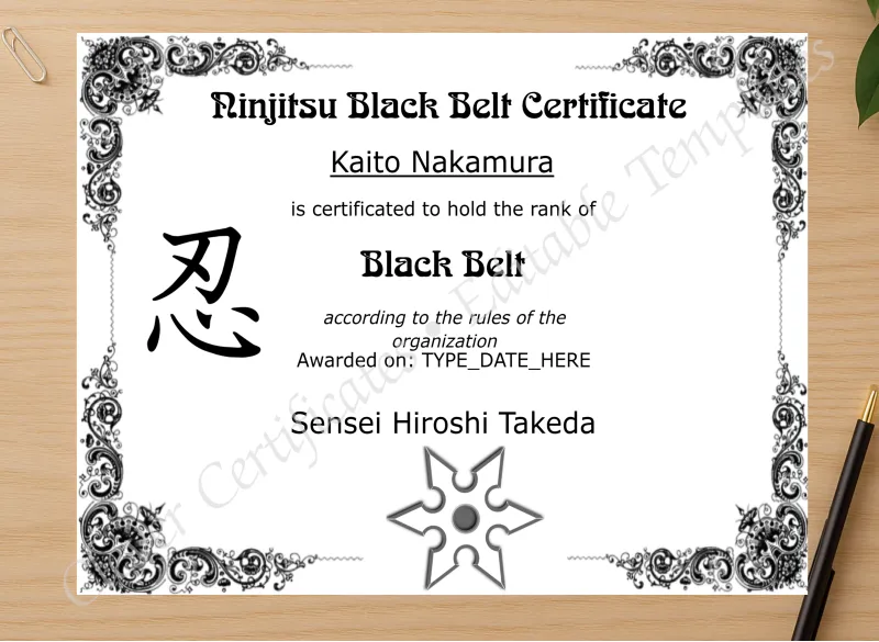 Professional preview of Ninjitsu Black Belt Certificate certificate on high-quality stationery paper, ideal for showcasing the final look.