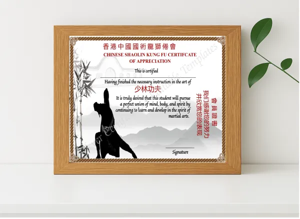 Realistic mockup featuring Costomizeable Chinese Shaolin Certificate Of Appreciation displayed within a modern frame, set against a minimalistic background.