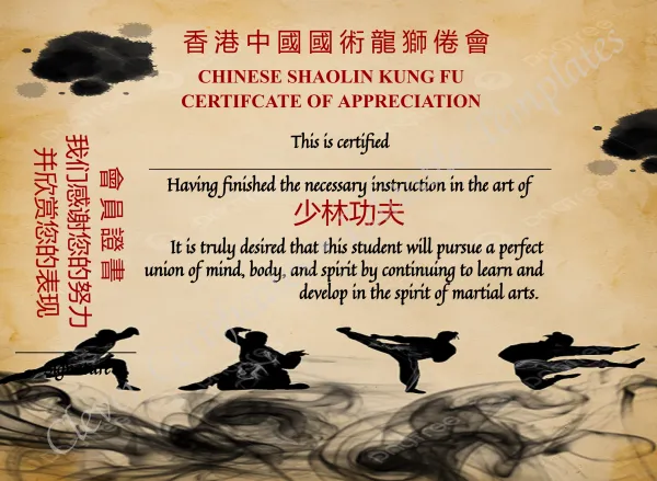 Professional Elegant Chinese Shaolin Certificate Of Appreciation