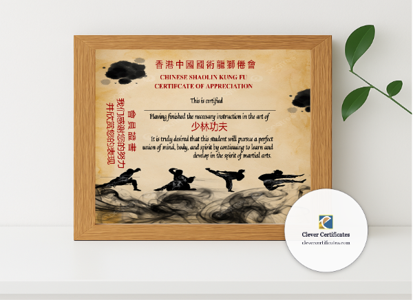 Realistic mockup featuring Professional Elegant Chinese Shaolin Certificate Of Appreciation displayed within a modern frame, set against a minimalistic background.