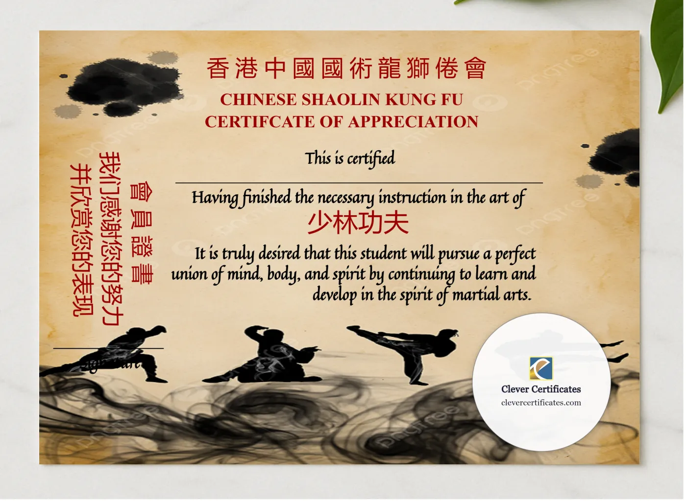Professional Elegant Chinese Shaolin Certificate Of Appreciation presented in a sleek wooden frame, elegantly arranged on a stylish table.