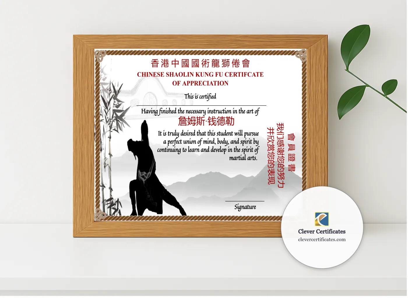 Realistic mockup featuring Customizable Chinese Shaolin Certificate Of Appreciation displayed within a modern frame, set against a minimalistic background.