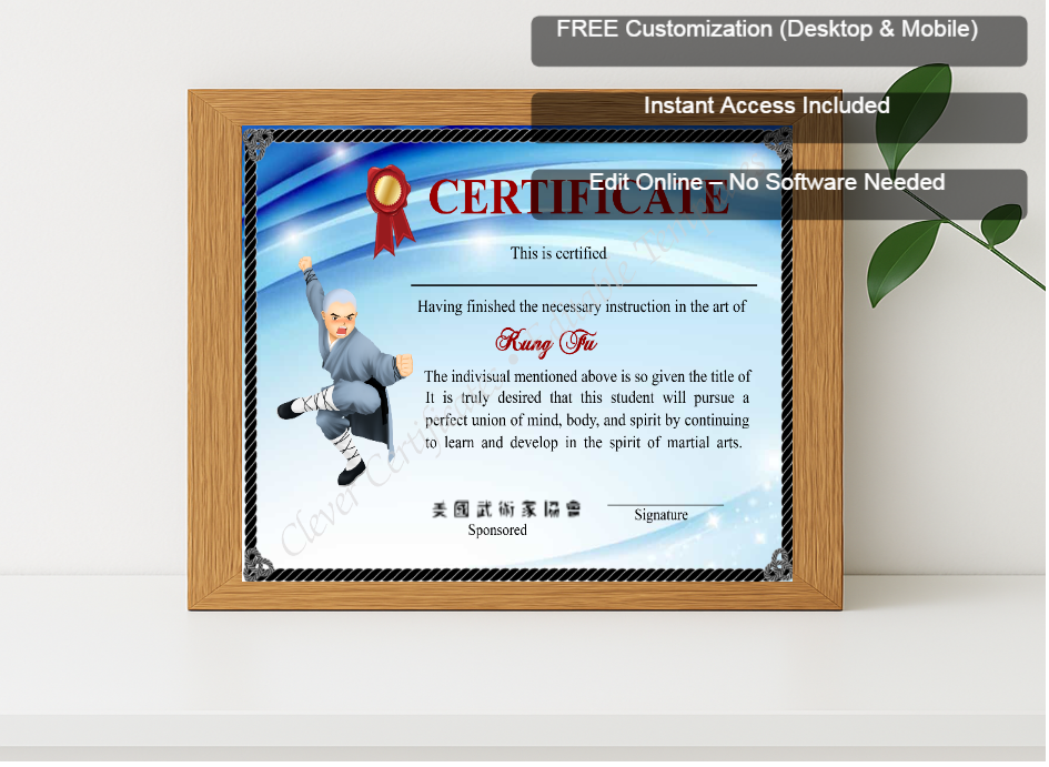 Premium mockup with Free Editor badge stack for Modern Shaolin Kung Fu Crtificate