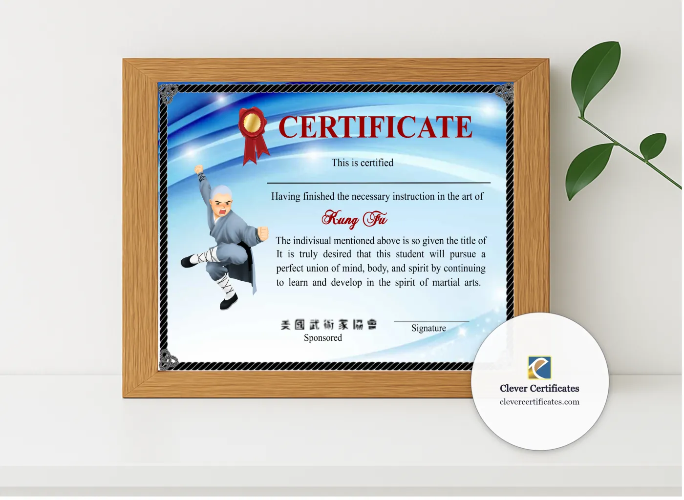 Realistic mockup featuring Modern Shaolin Kung Fu Crtificate displayed within a modern frame, set against a minimalistic background.