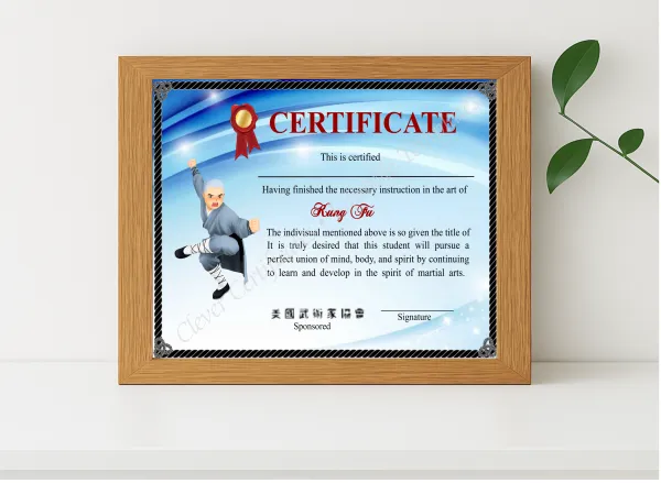 Realistic mockup featuring Modern Shaolin Kung Fu Crtificate displayed within a modern frame, set against a minimalistic background.