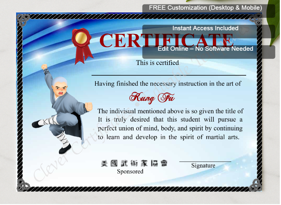 Framed preview featuring Free Editor badge stack for Modern Shaolin Kung Fu Crtificate