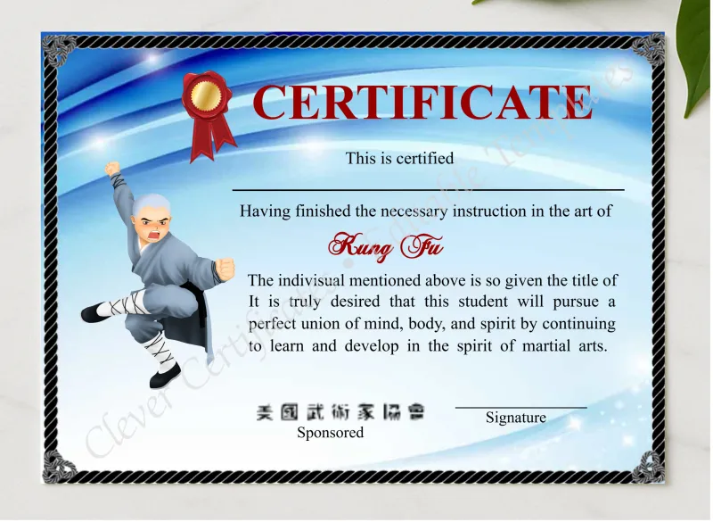 Modern Shaolin Kung Fu Crtificate presented in a sleek wooden frame, elegantly arranged on a stylish table.