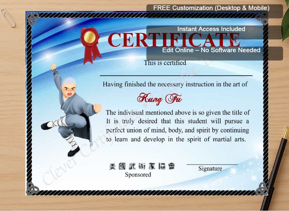 Zoomed preview with Free Editor badge stack for Modern Shaolin Kung Fu Crtificate