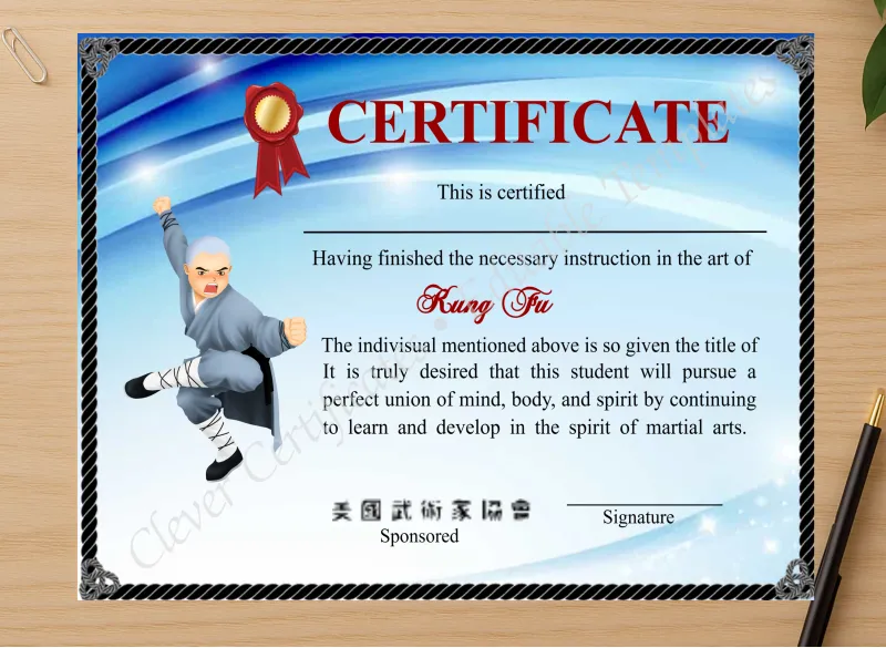 Professional preview of Modern Shaolin Kung Fu Crtificate certificate on high-quality stationery paper, ideal for showcasing the final look.