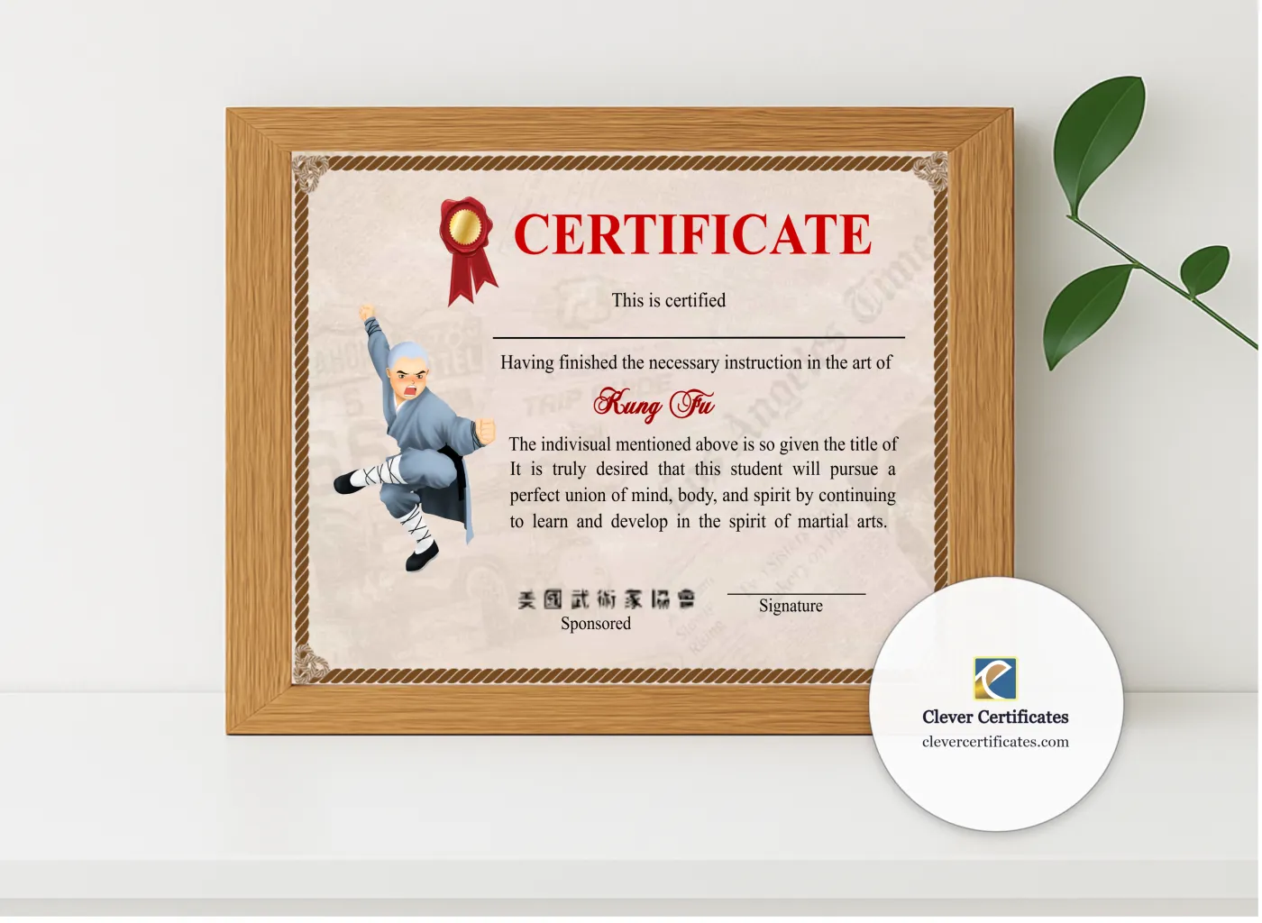 Realistic mockup featuring Professional Shaolin Kung Fu Crtificate displayed within a modern frame, set against a minimalistic background.