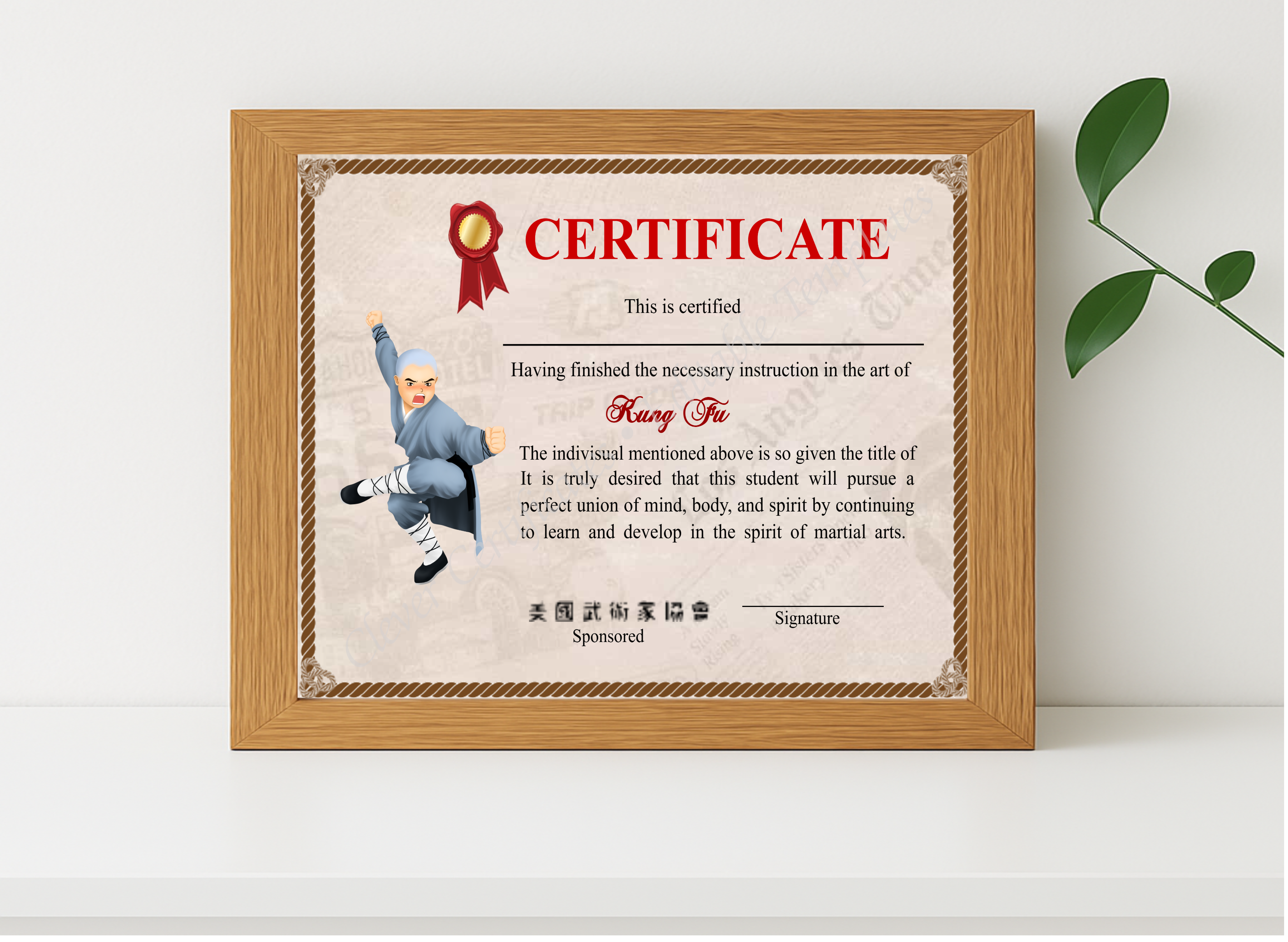 Realistic mockup featuring Professional Shaolin Kung Fu Crtificate displayed within a modern frame, set against a minimalistic background.